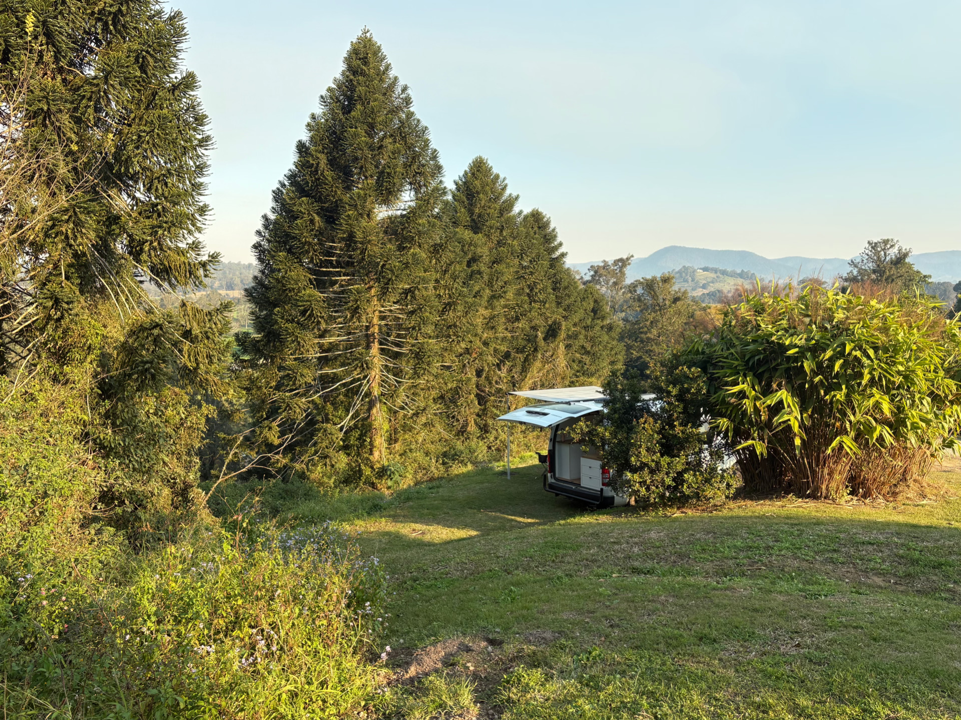Van parked at sunset in the Sunshine Coast hinterland